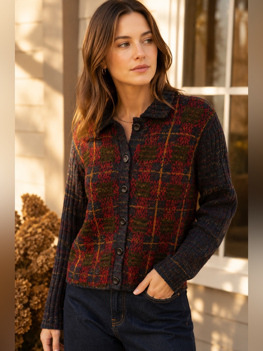 Vintage Pendleton Plaid Cardigan Sweater Collared Textured Knit Petite M